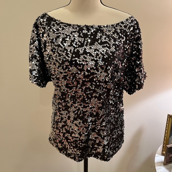 Anna-Kaci Sequin Top Black & Silver Medium Off One Shoulder Loose Fit - Picture 5 of 7